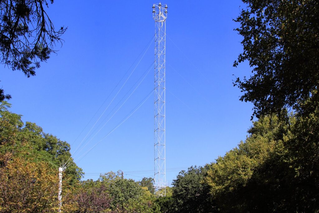 One of Austin's historic moonlight towers rising above the trees on East Side Drive