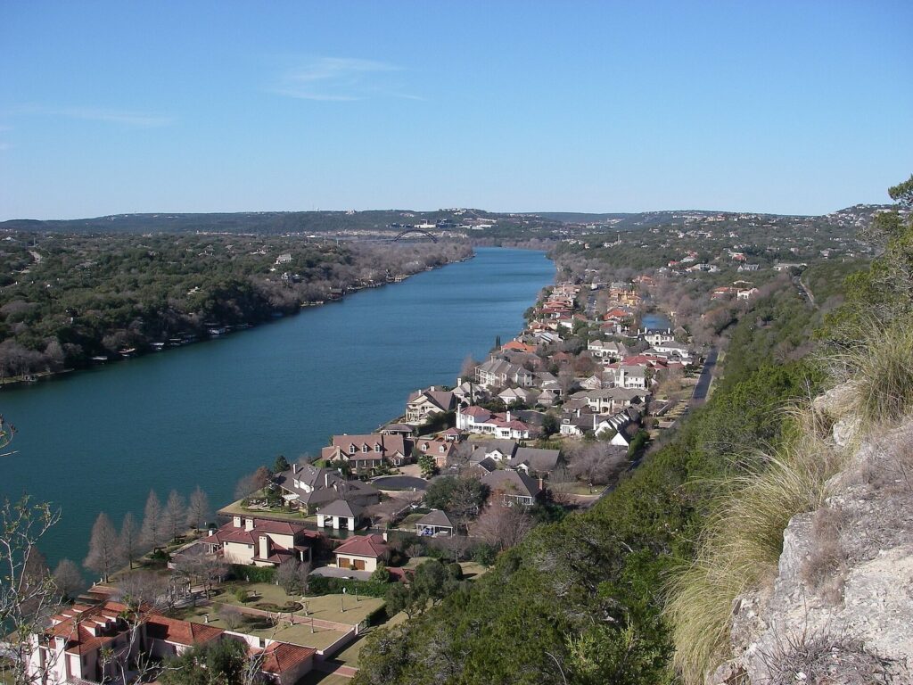 View from Mount Bonnell over Lake Austin and its wooded banks toward the Pennybacker Bridge