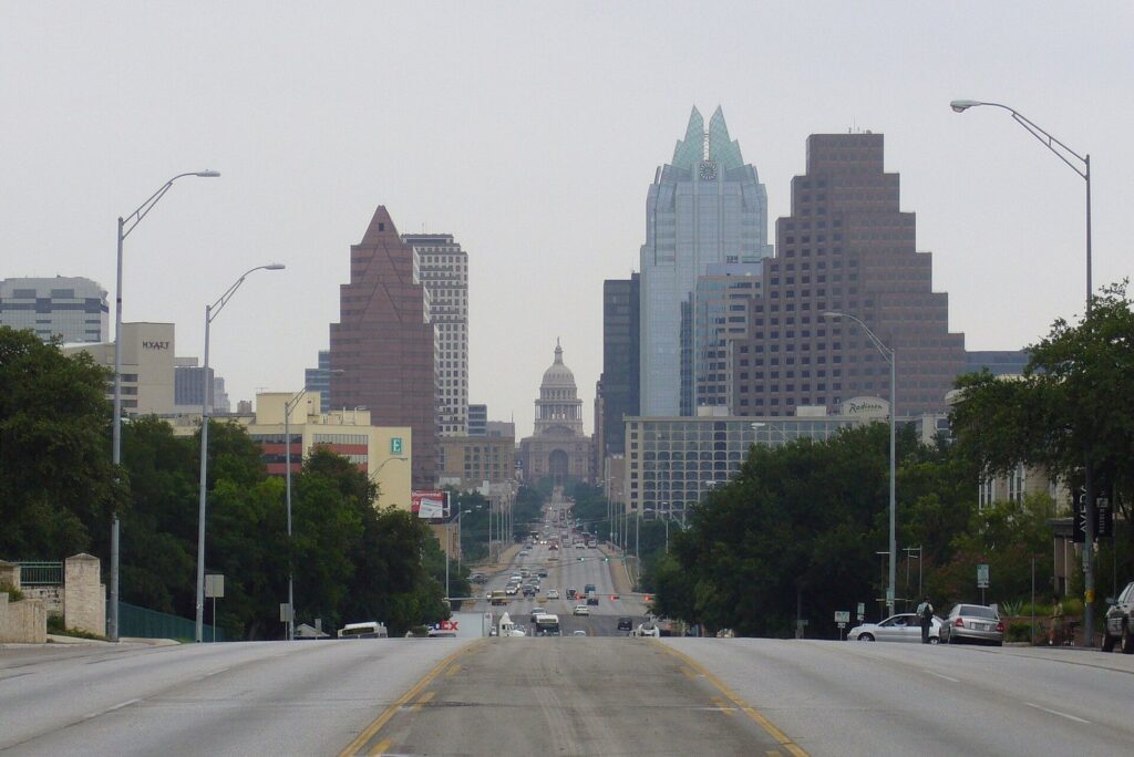 Austin travel guide orientation: Congress Avenue running north through downtown to the Texas Capitol dome